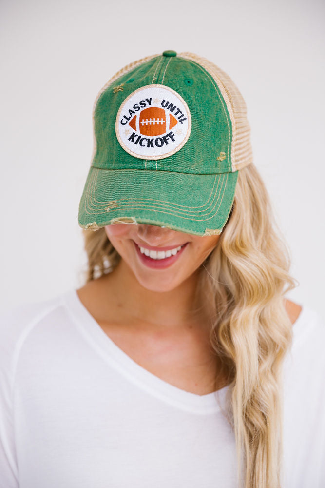 CLASSY UNTIL KICKOFF PATCH HAT Hats Judith March GREEN DISTRESSED  