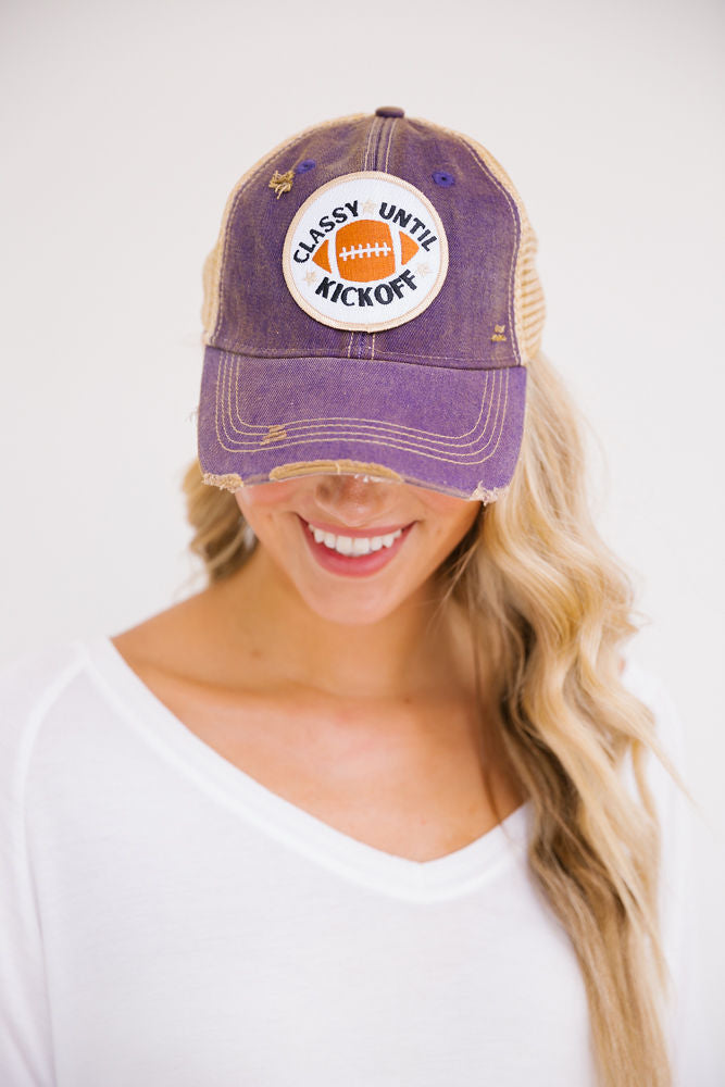 CLASSY UNTIL KICKOFF PATCH HAT Hats Judith March PURPLE DISTRESSED  