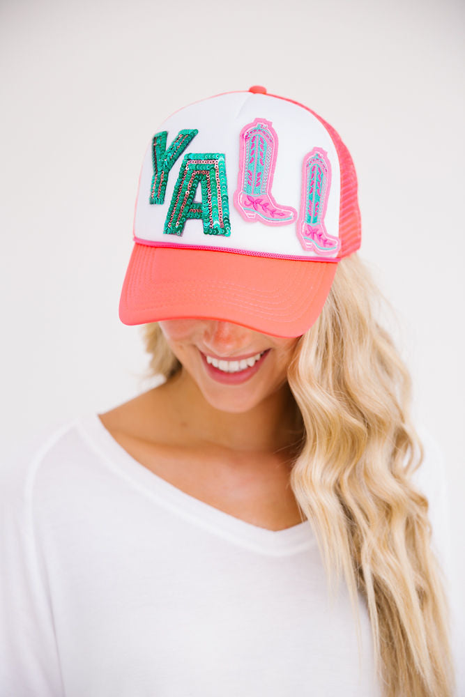 Y'ALL BOOT TRUCKER HAT Hats Judith March PINK TRUCKER  