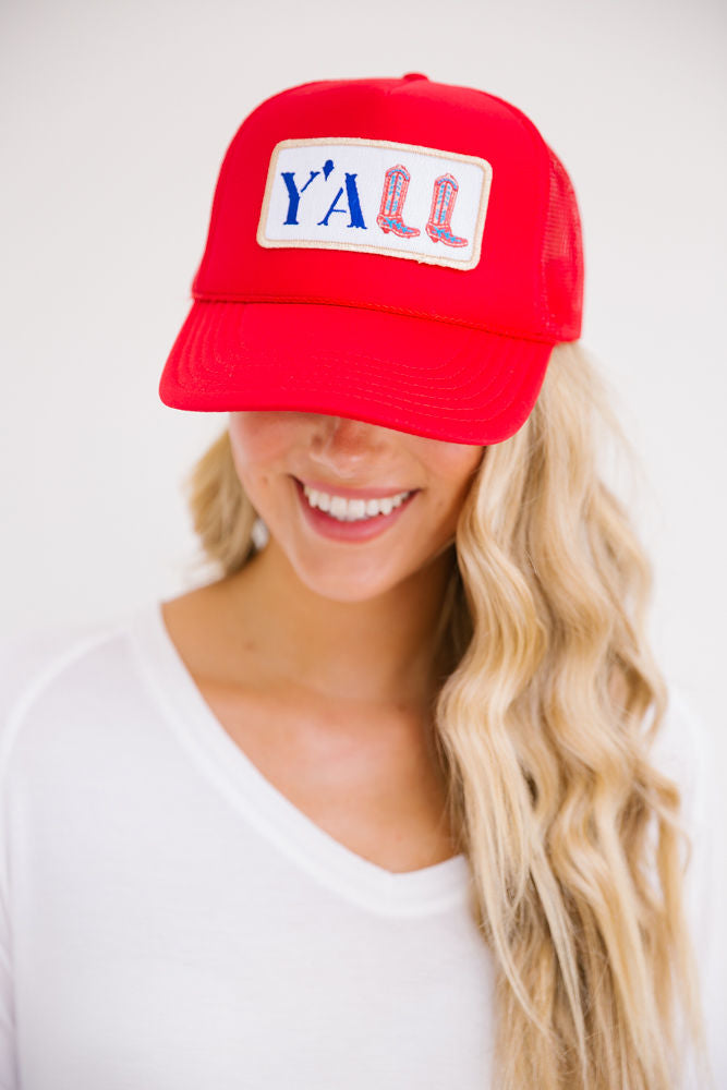 HEY "YALL" PATCH HAT HAT Judith March RED TRUCKER  