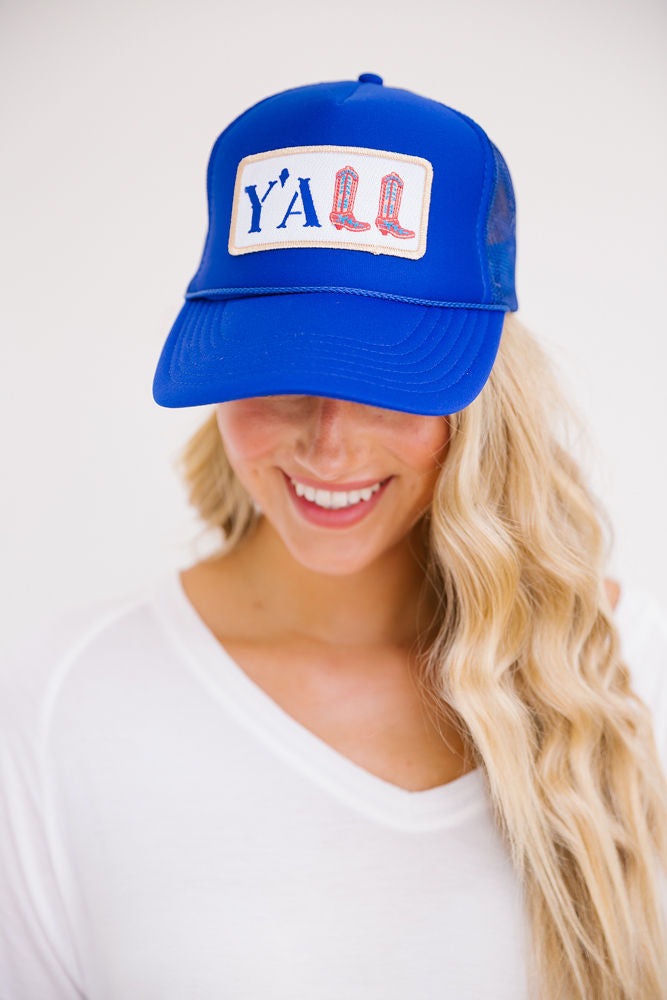 HEY "YALL" PATCH HAT HAT Judith March BLUE TRUCKER  