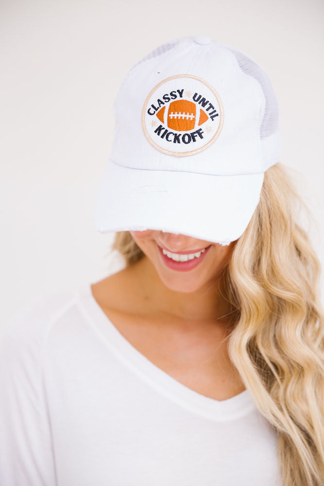 CLASSY UNTIL KICKOFF PATCH HAT Hats Judith March WHITE DISTRESSED  