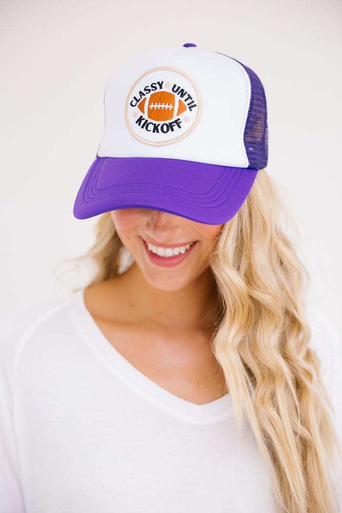 CLASSY UNTIL KICKOFF PATCH HAT Hats Judith March PURPLE/WHITE TRUCKER  