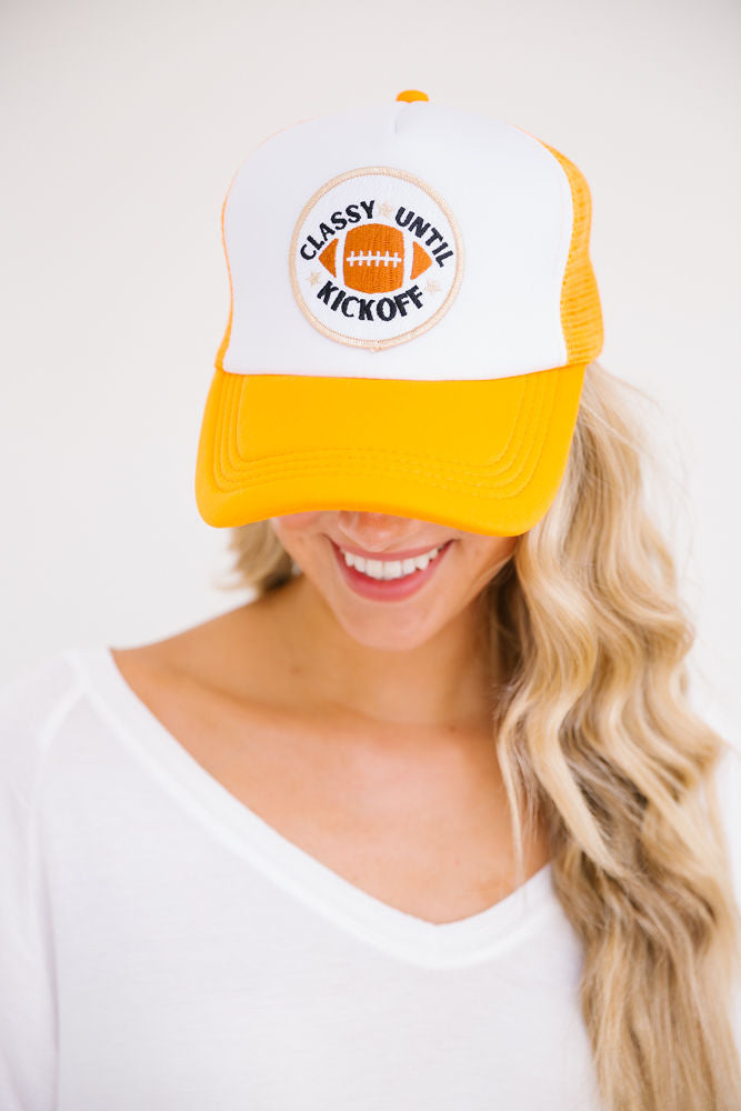 CLASSY UNTIL KICKOFF PATCH HAT Hats Judith March ORANGE / WHITE TRUCKER  