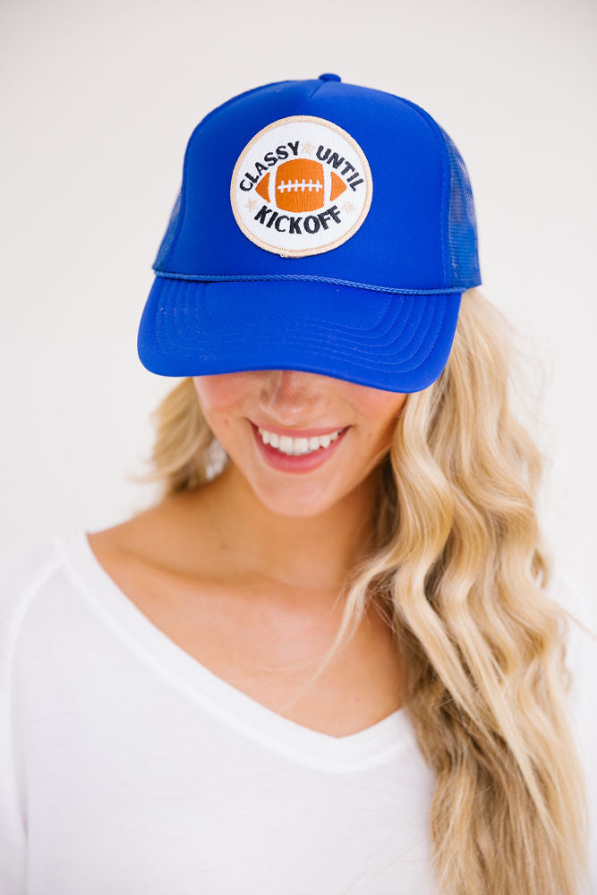 CLASSY UNTIL KICKOFF PATCH HAT Hats Judith March ROYAL BLUE TRUCKER  