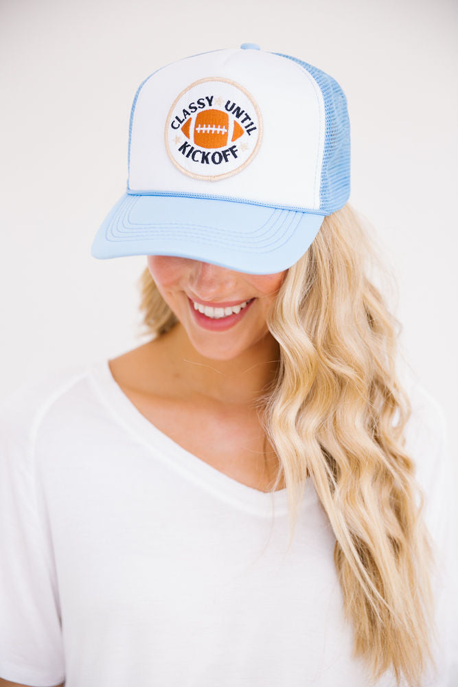 CLASSY UNTIL KICKOFF PATCH HAT Hats Judith March BABY BLUE/ WHITE TRUCKER  