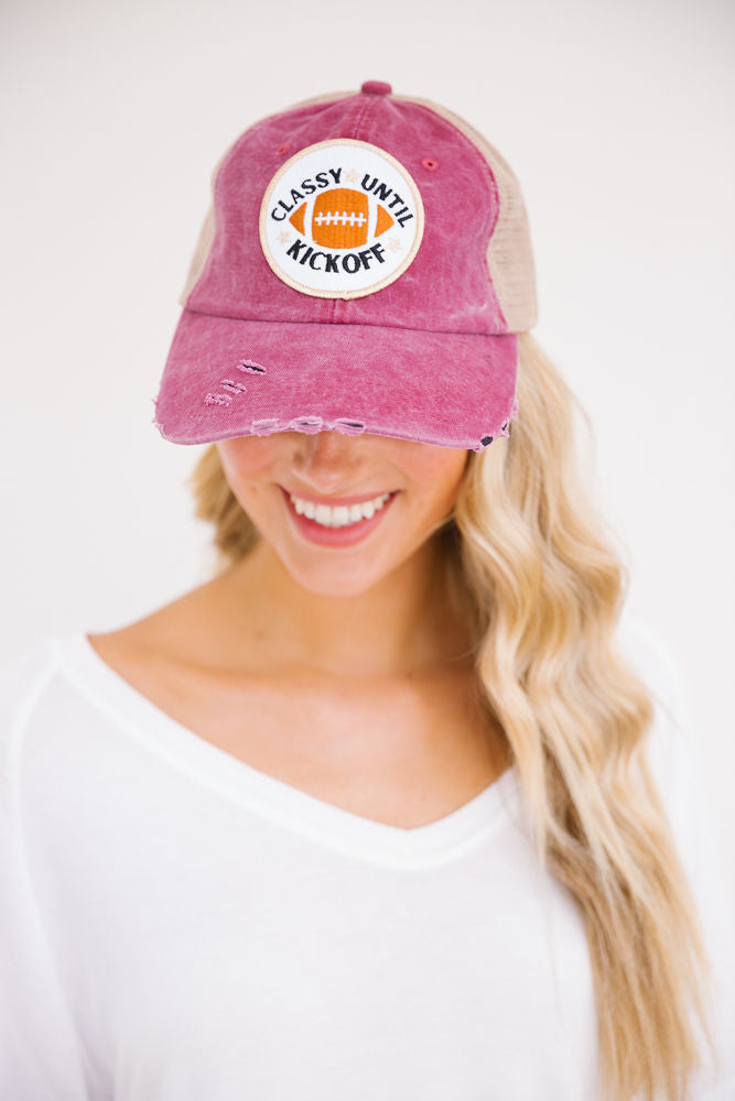 CLASSY UNTIL KICKOFF PATCH HAT Hats Judith March MAROON DISTRESSED  