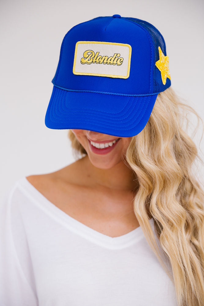 BLONDIE PATCH TRUCKER HAT HAT Judith March ROYAL BLUE TRUCKER  