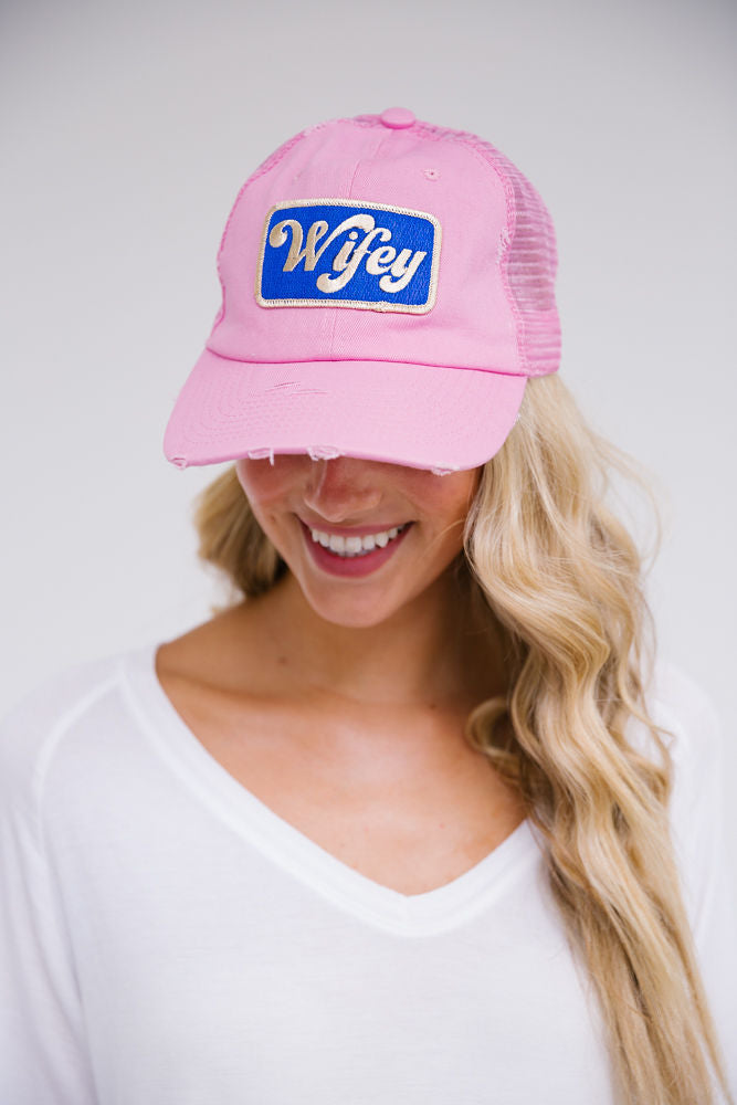 METALLIC WIFEY PATCH HAT Hats Judith March LIGHT PINK ON PINK DISTRESSED  
