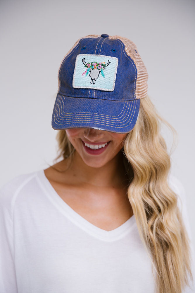 FLORAL STEER PATCH HAT Hats Judith March DENIM DISTRESSED  