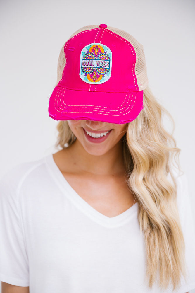 GOOD VIBES PATCH HAT Hats Judith March FUSCIA DISTRESSED  