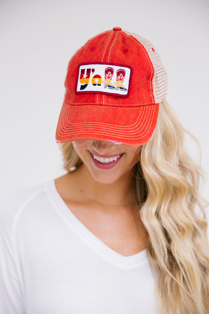 Y'ALL BOOTS PATCH HAT Hats Judith March RED DISTRESSED  