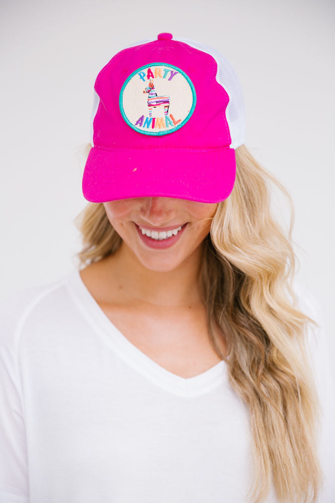 PARTY ANIMAL PATCH HAT HAT Judith March PINK NON DISTRESSED  