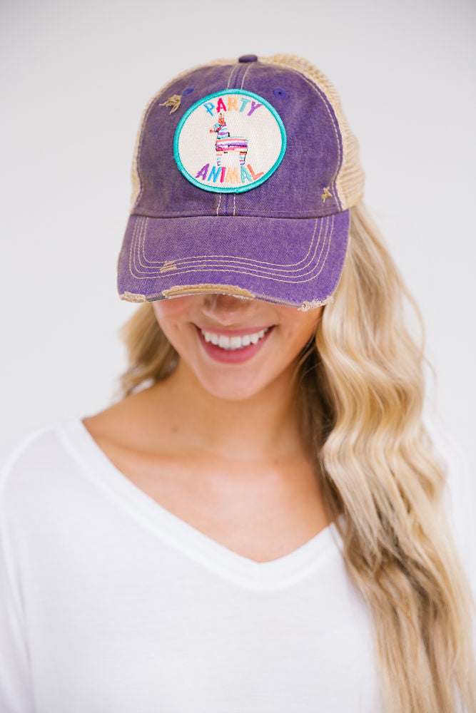 PARTY ANIMAL PATCH HAT HAT Judith March PURPLE DISTRESSED  