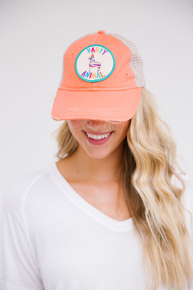 PARTY ANIMAL PATCH HAT HAT Judith March CORAL DISTRESSED  