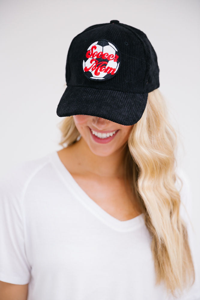 SOCCER MOM PATCH HAT HAT Judith March BLACK CORDUROY  