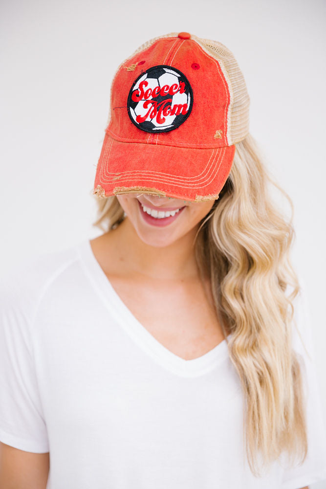 SOCCER MOM PATCH HAT HAT Judith March RED DISTRESSED  