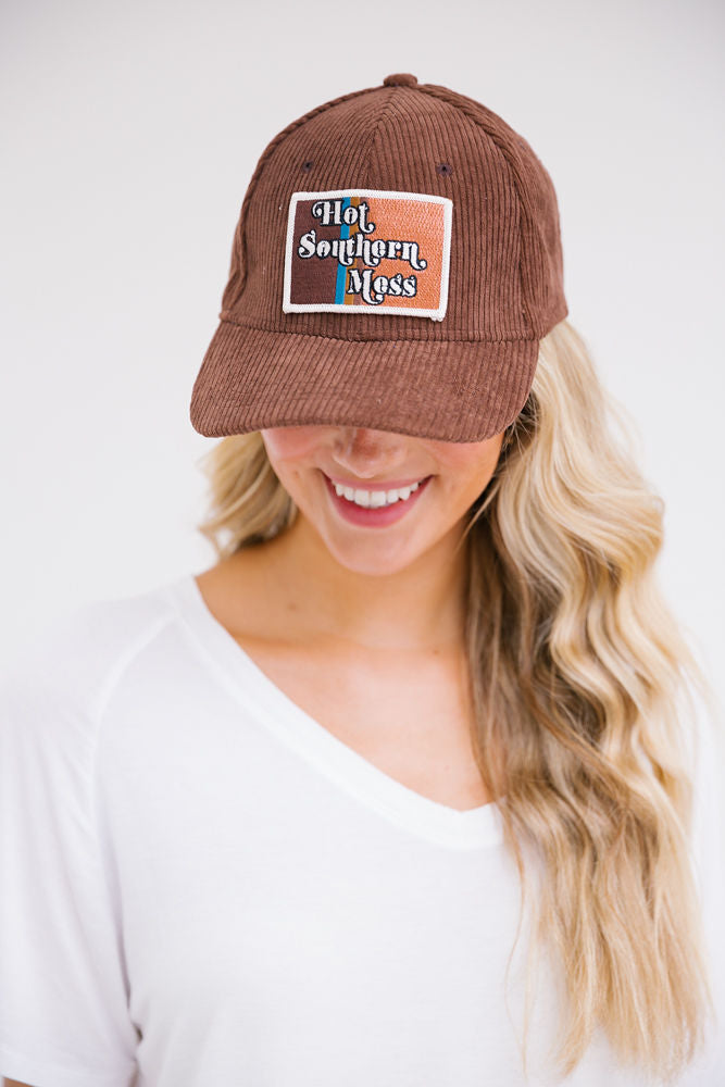FROSTED HOT SOUTHERN MESS PATCH HATS Judith March MOCHA CORDUROY  