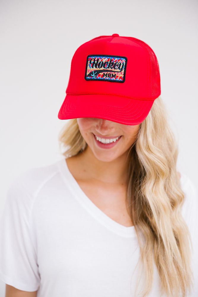 HOCKEY MOM PATCH HAT HAT Judith March RED TRUCKER  