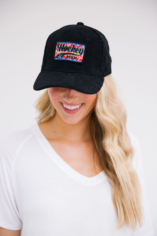 HOCKEY MOM PATCH HAT HAT Judith March BLACK CORDUROY  