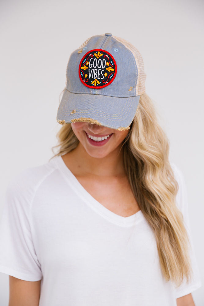 MIDNIGHT GOOD VIBES PATCH HAT Hats Judith March LIGHT DENIM DISTRESSED  