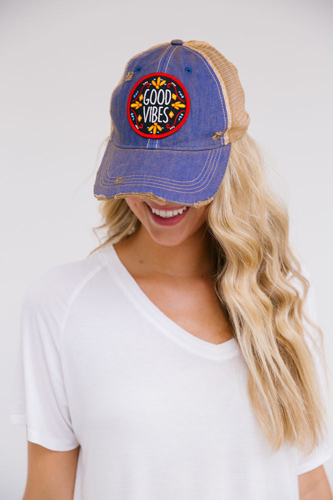 MIDNIGHT GOOD VIBES PATCH HAT Hats Judith March DENIM DISTRESSED  