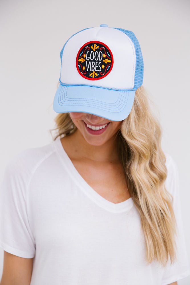 MIDNIGHT GOOD VIBES PATCH HAT Hats Judith March BABY BLUE/WHITE TRUCKER  