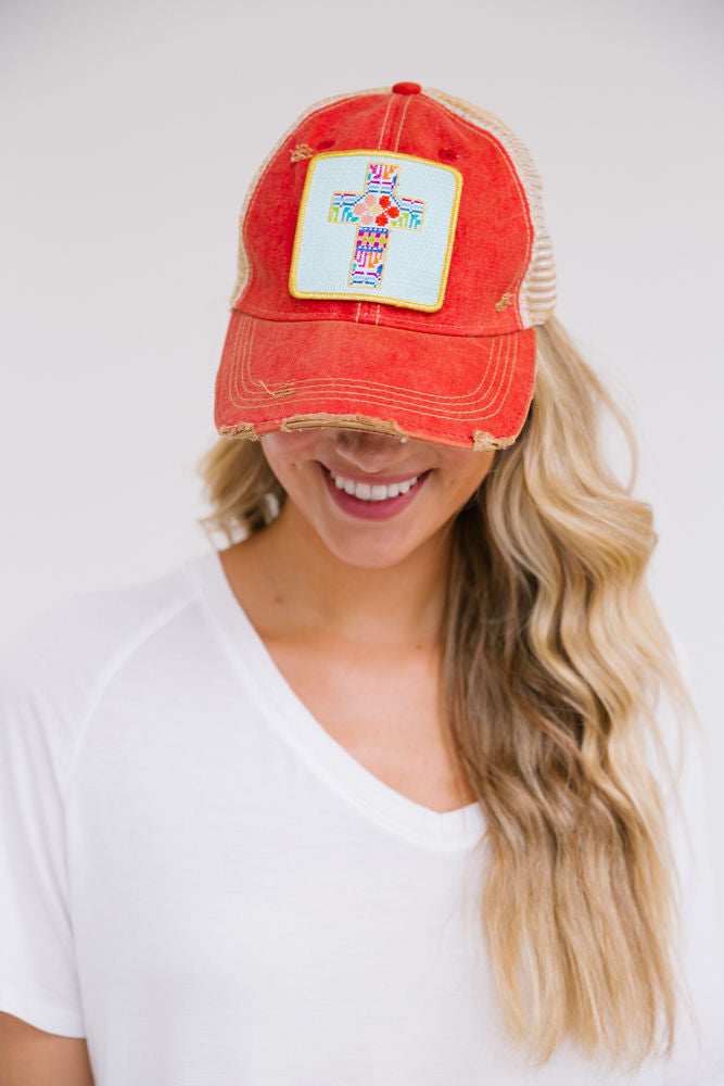 PATCHWORK CROSS PATCH HAT Hats Judith March RED DISTRESSED  