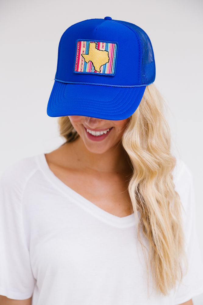 TEXAS STRIPED PATCH HAT HAT Judith March ROYAL BLUE TRUCKER  