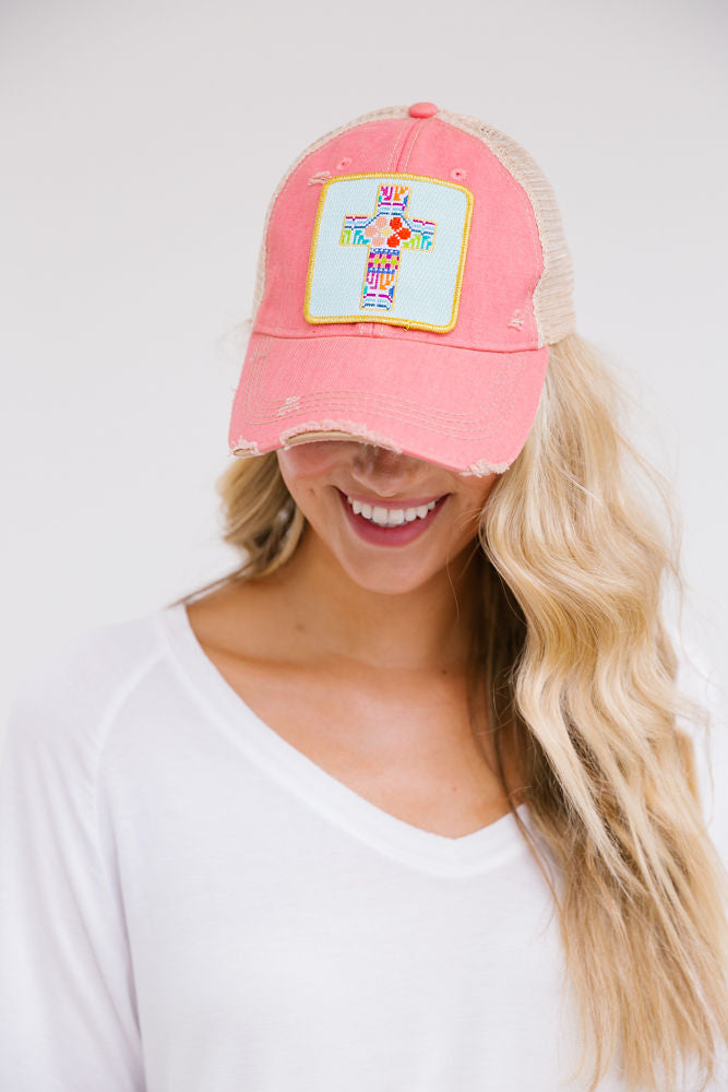 PATCHWORK CROSS PATCH HAT Hats Judith March GRAPEFRUIT DISTRESSED  