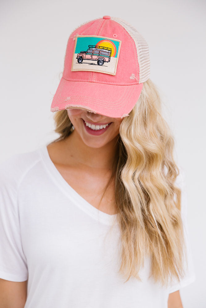 SUNSET LAND ROVER PATCH HAT Hats Judith March CORAL DISTRESSED  