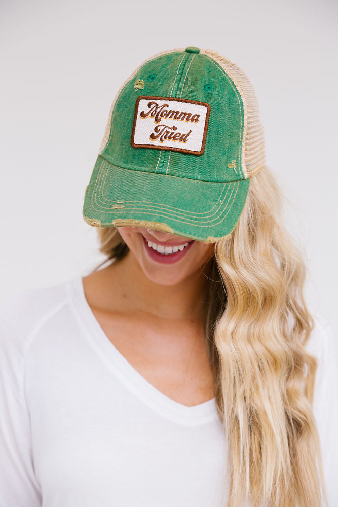 VINTAGE MOMMA TRIED PATCH HAT Hats Judith March GREEN DISTRESSED  