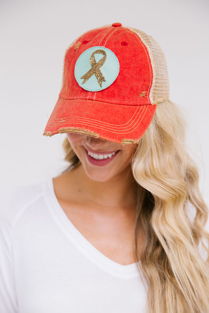 AWARENESS PATCH HAT HAT Judith March RED DISTRESSED - BLUE PATCH  