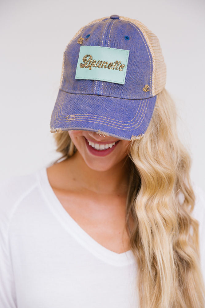 TURQUOISE BEADED LEATHER BRUNETTE PATCH HAT Hats Judith March DENIM DISTRESSED  