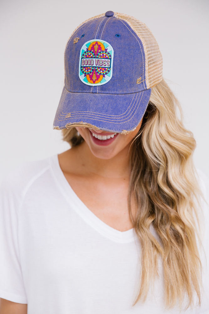 GOOD VIBES PATCH HAT Hats Judith March DENIM DISTRESSED  
