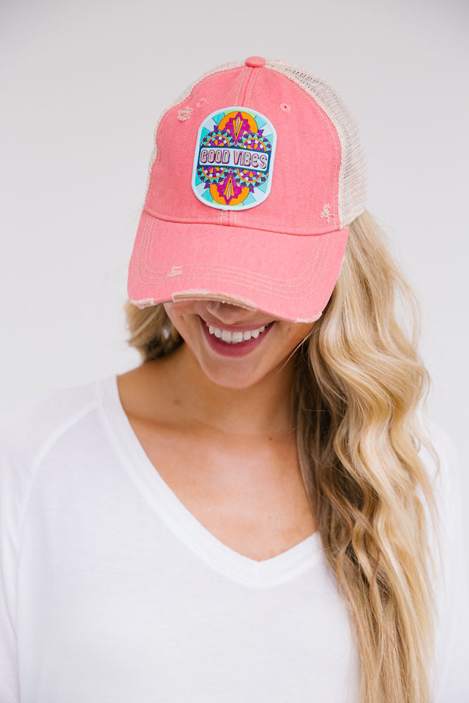 GOOD VIBES PATCH HAT Hats Judith March CORAL DISTRESSED  