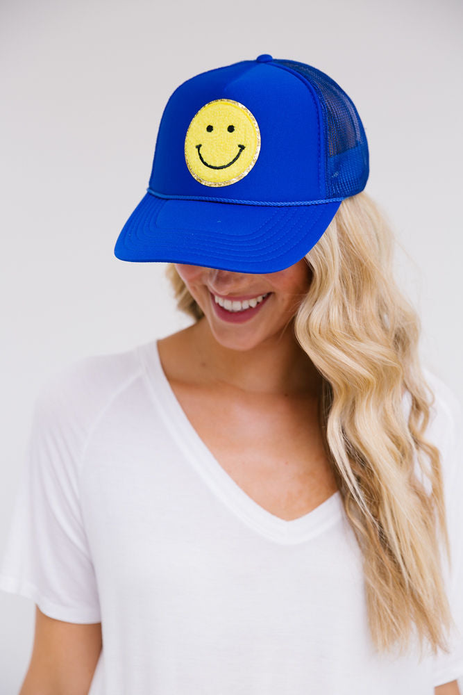 YELLOW SMILEY PATCH HAT Hats Judith March ROYAL BLUE TRUCKER  