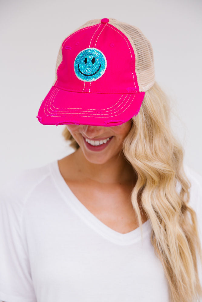SEQUIN SMILEY PATCH HAT HAT Judith March HOT PINK - TURQUOISE SMILEY  