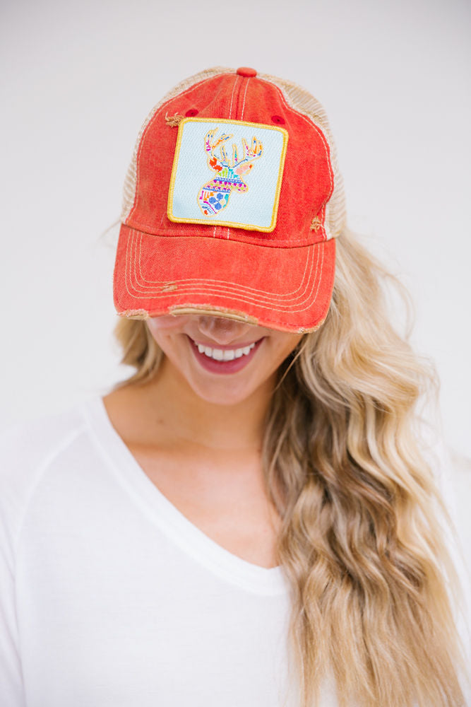 PATCHWORK DEER PATCH HAT Hats Judith March RED DISTRESSED  