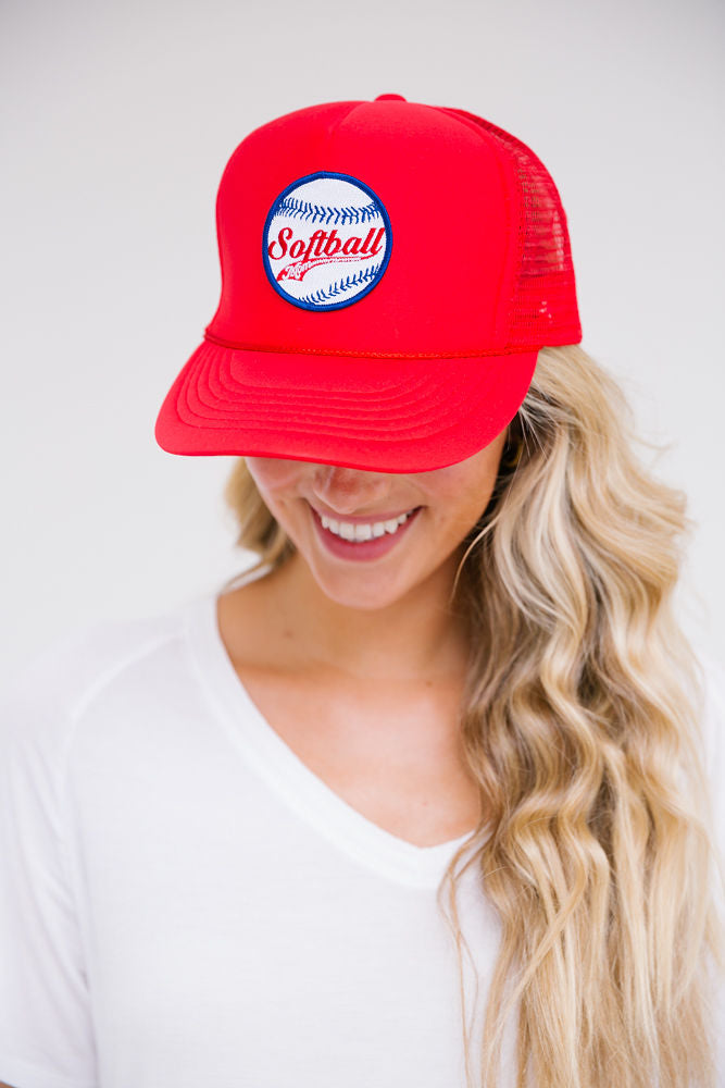 SOFTBALL MOM PATCH HAT Hats Judith March RED TRUCKER  