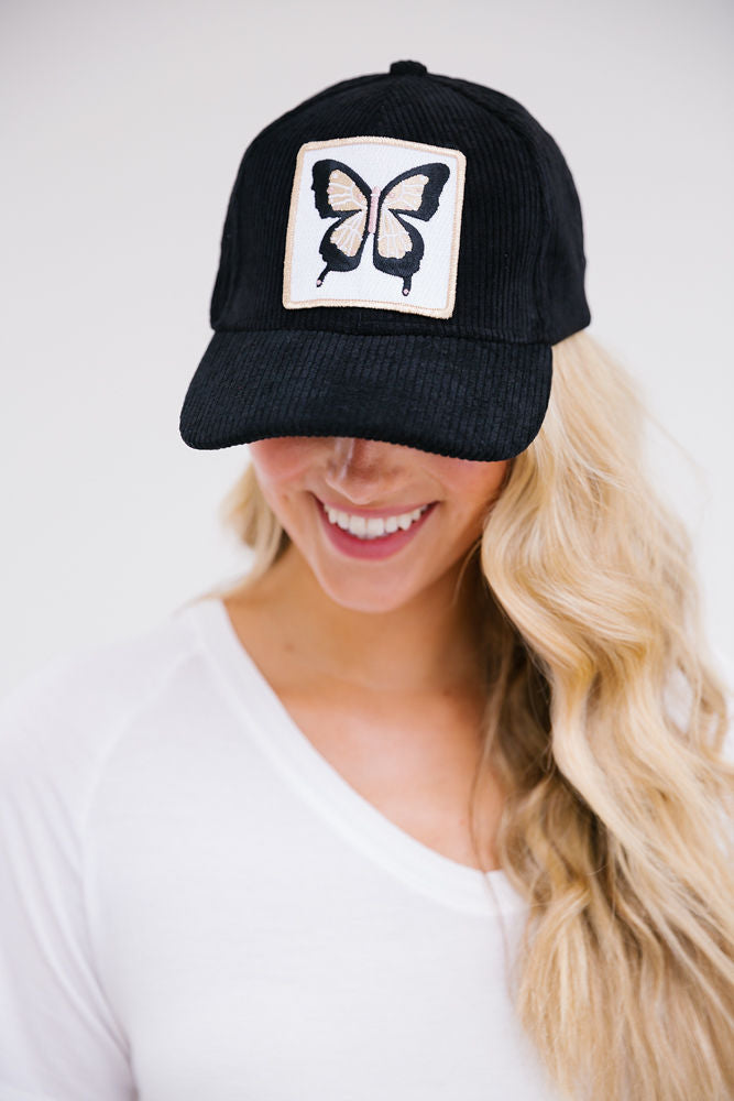ELLA BUTTERFLY PATCH HAT HAT Judith March BLACK CORDUROY  