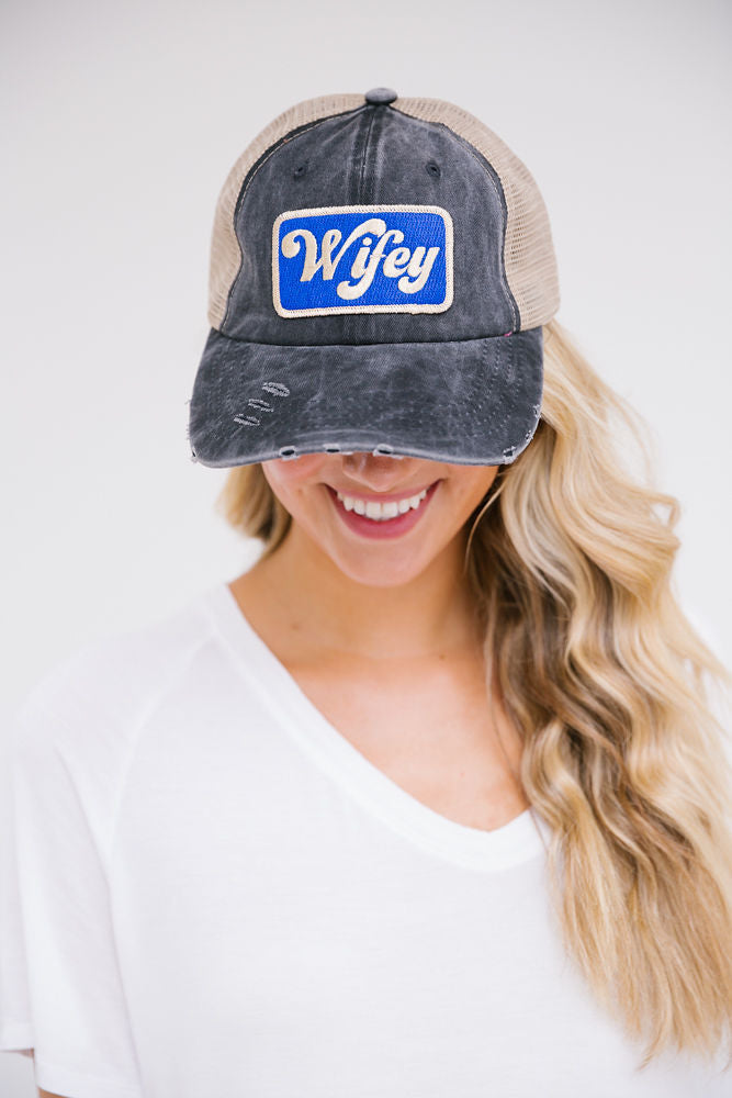 METALLIC WIFEY PATCH HAT Hats Judith March BLACK DISTRESSED  