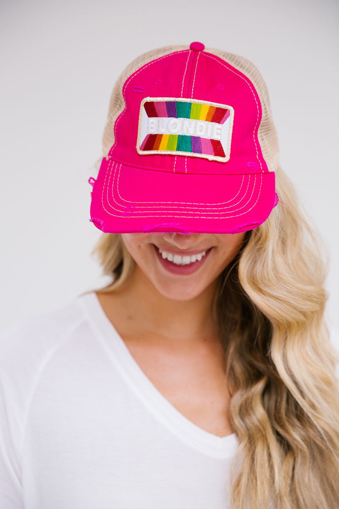 BLONDIE RAINBOW PATCH HAT Hats Judith March FUSCIA DISTRESSED  