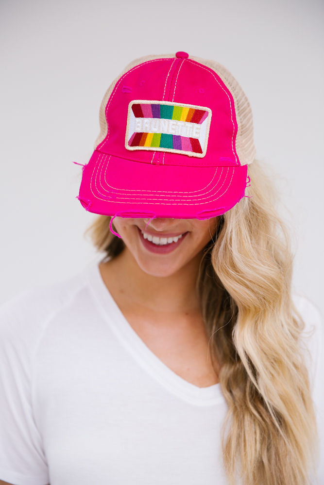BRUNETTE RAINBOW PATCH HAT Hats Judith March FUSCIA DISTRESSED  
