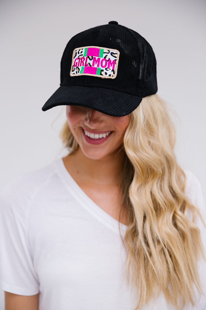 GIRL MOM LEOPARD PATCH HAT Hats Judith March BLACK CORDUROY  