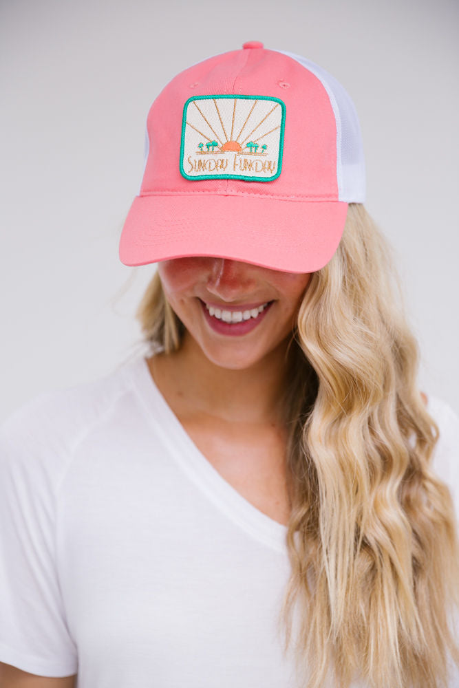 SUNSET SUNDAY FUNDAY PATCH HAT HAT Judith March CORAL NON DISTRESSED  