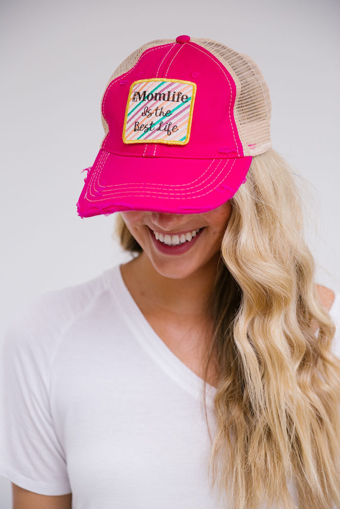 MOM LIFE PATCH HAT Hats Judith March FUSCIA DISTRESSED  