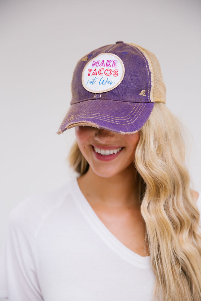 MAKE TACOS NOT WAR PATCH HAT Hats Judith March PURPLE DISTRESSED  
