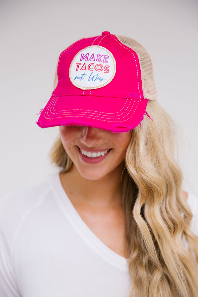 MAKE TACOS NOT WAR PATCH HAT Hats Judith March FUSCIA DISTRESSED  