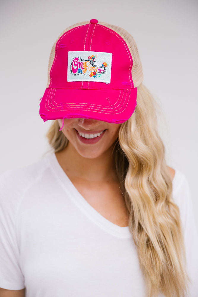 ON THE ROAD AGAIN PATCH HAT Hats Judith March HOT PINK DISTRESSED  